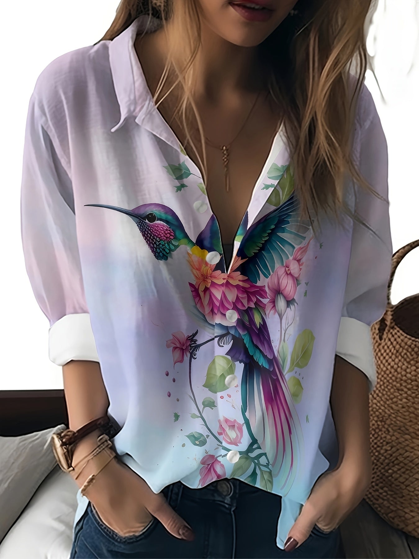 Women'S Long Sleeve Printed Blouse - Vibrant Hummingbird & Floral Design, Casual Lapel Collar, Lightweight Polyester Shirt for Spring/Fall, Ladies Blouses